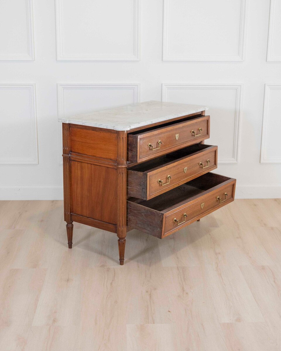 On Hold - Louis XVI Style Walnut Chest with Marble Top, Late 18th–Early 19th Century - JAA