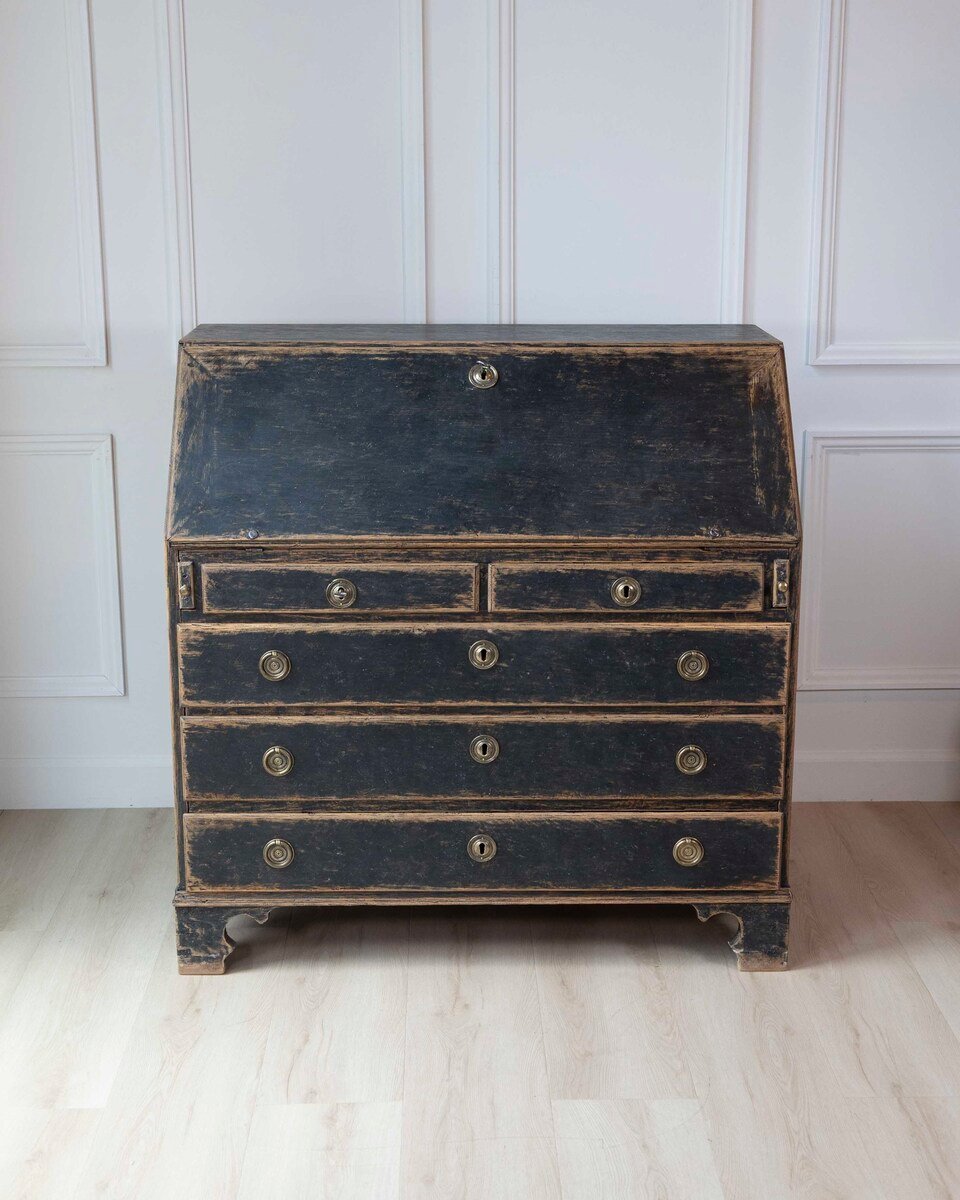 Swedish Gustavian Period Black-Painted Slant Front Desk with Blue Interior - JAA