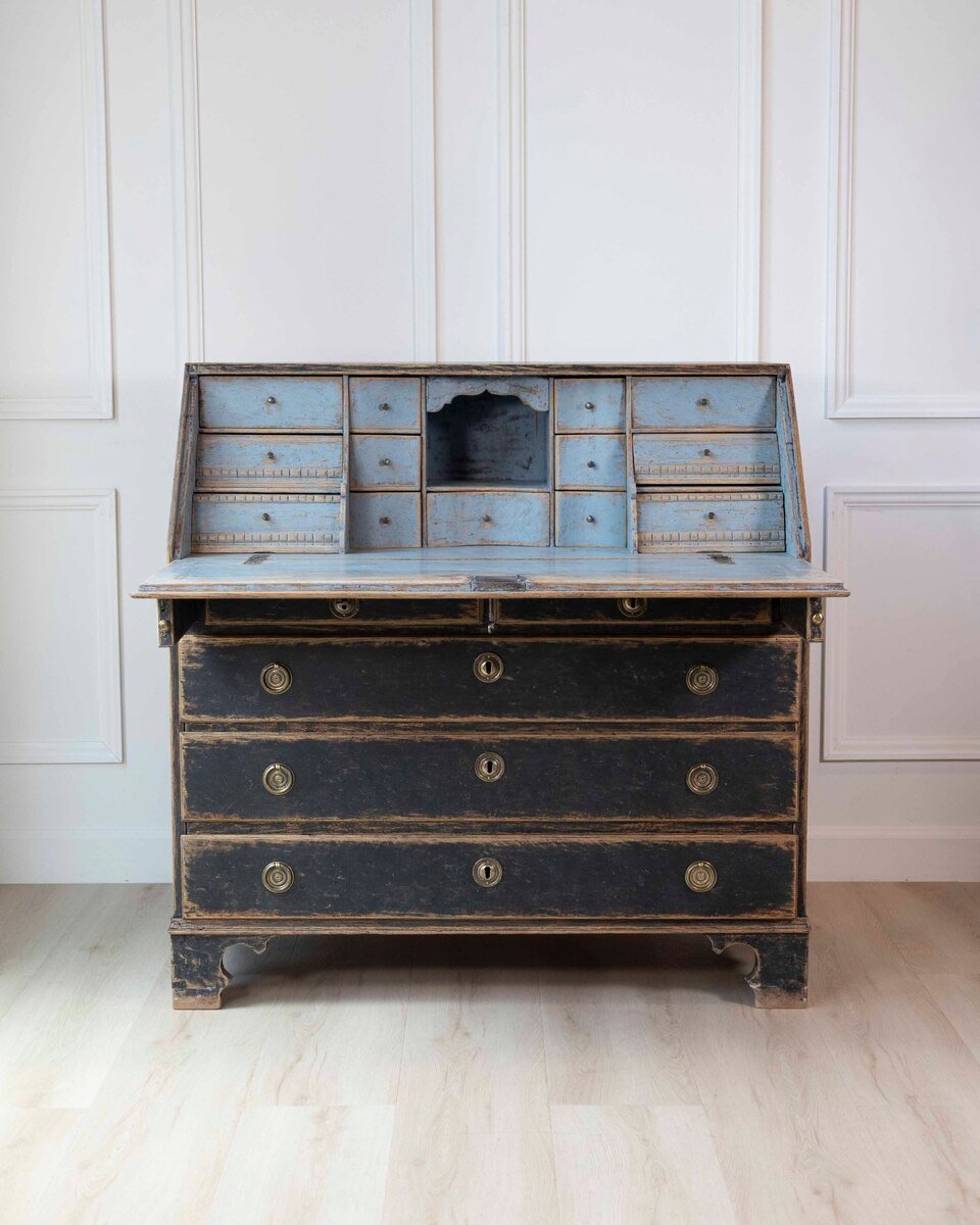 Swedish Gustavian Period Black-Painted Slant Front Desk with Blue Interior - JAA