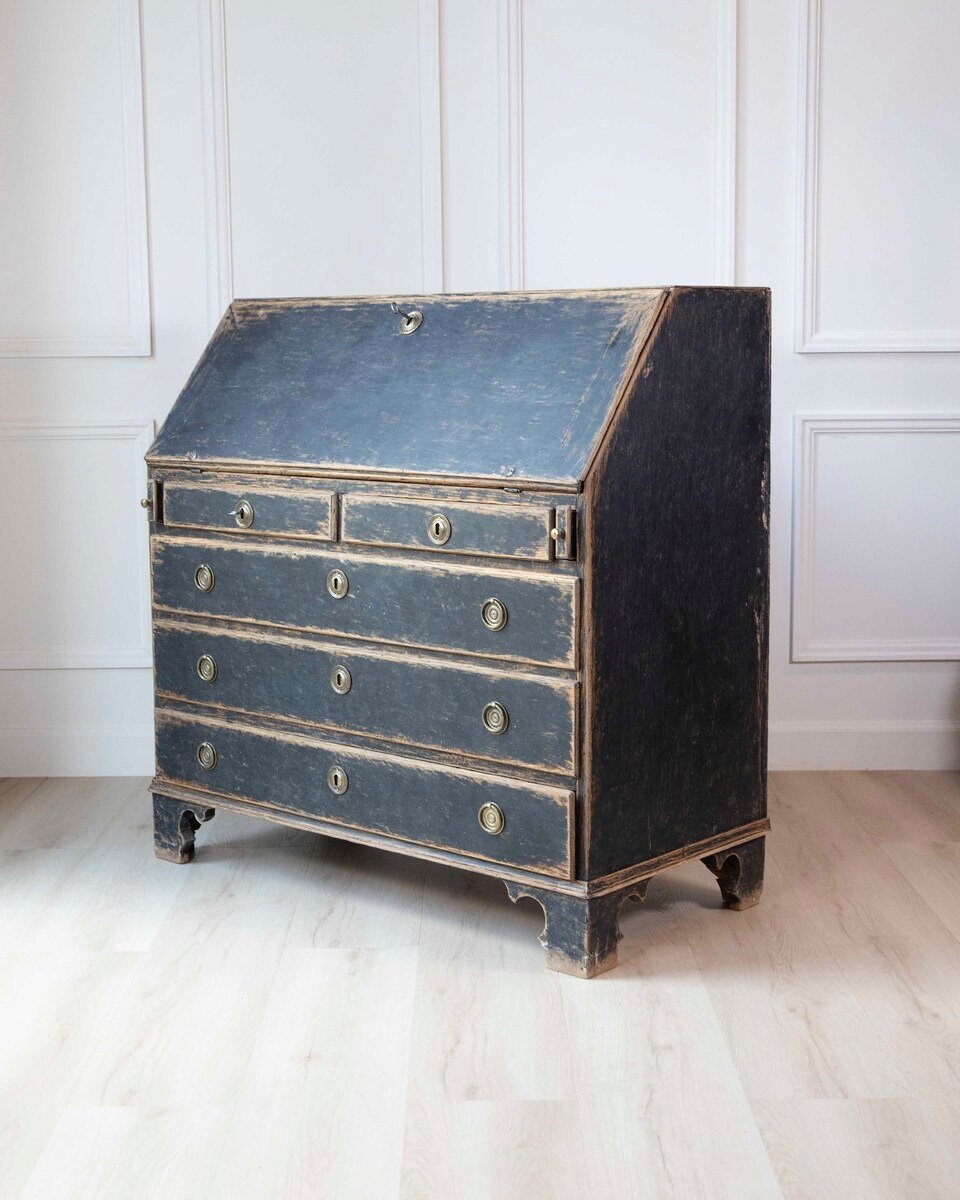 Swedish Gustavian Period Black-Painted Slant Front Desk with Blue Interior - JAA