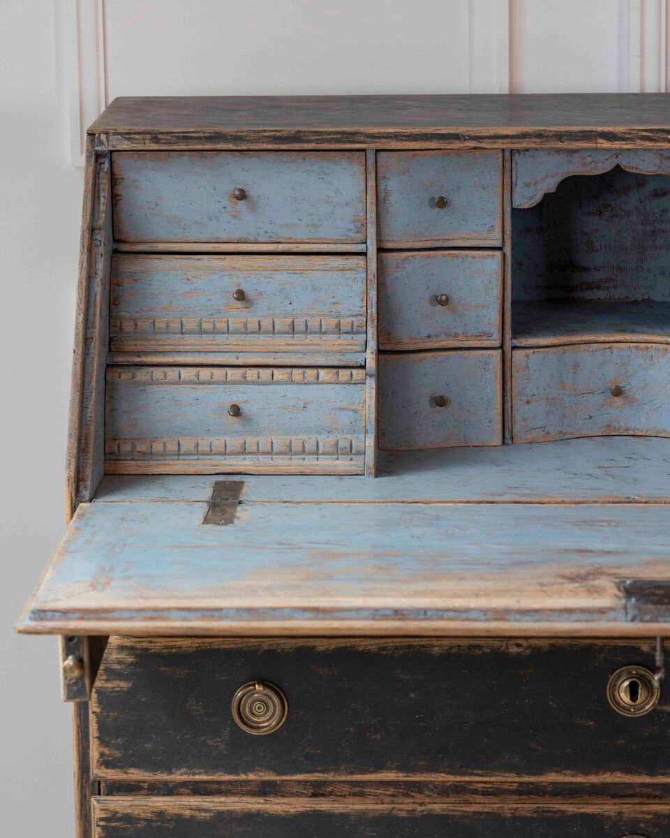 Swedish Gustavian Period Black-Painted Slant Front Desk with Blue Interior - JAA
