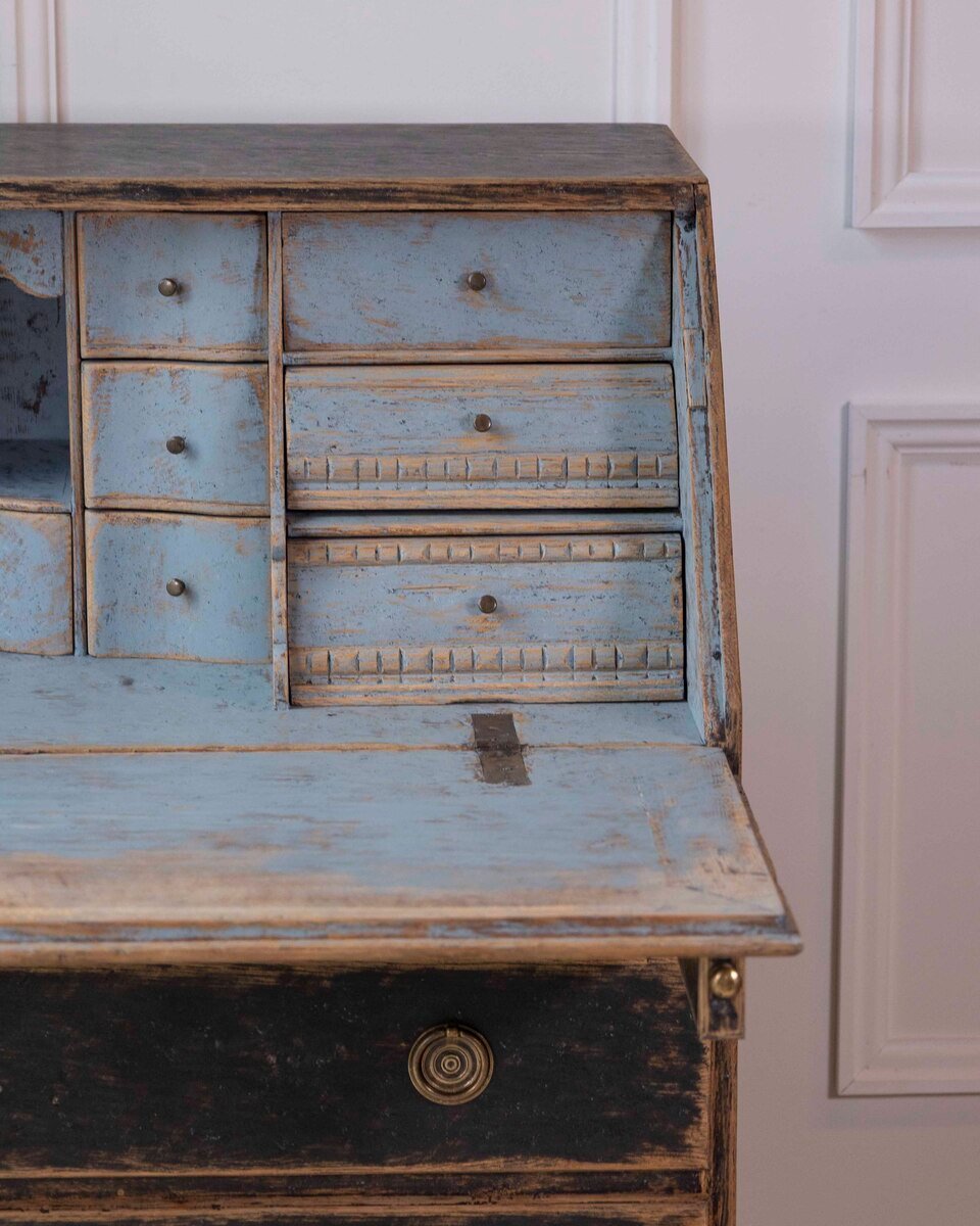 Swedish Gustavian Period Black-Painted Slant Front Desk with Blue Interior - JAA