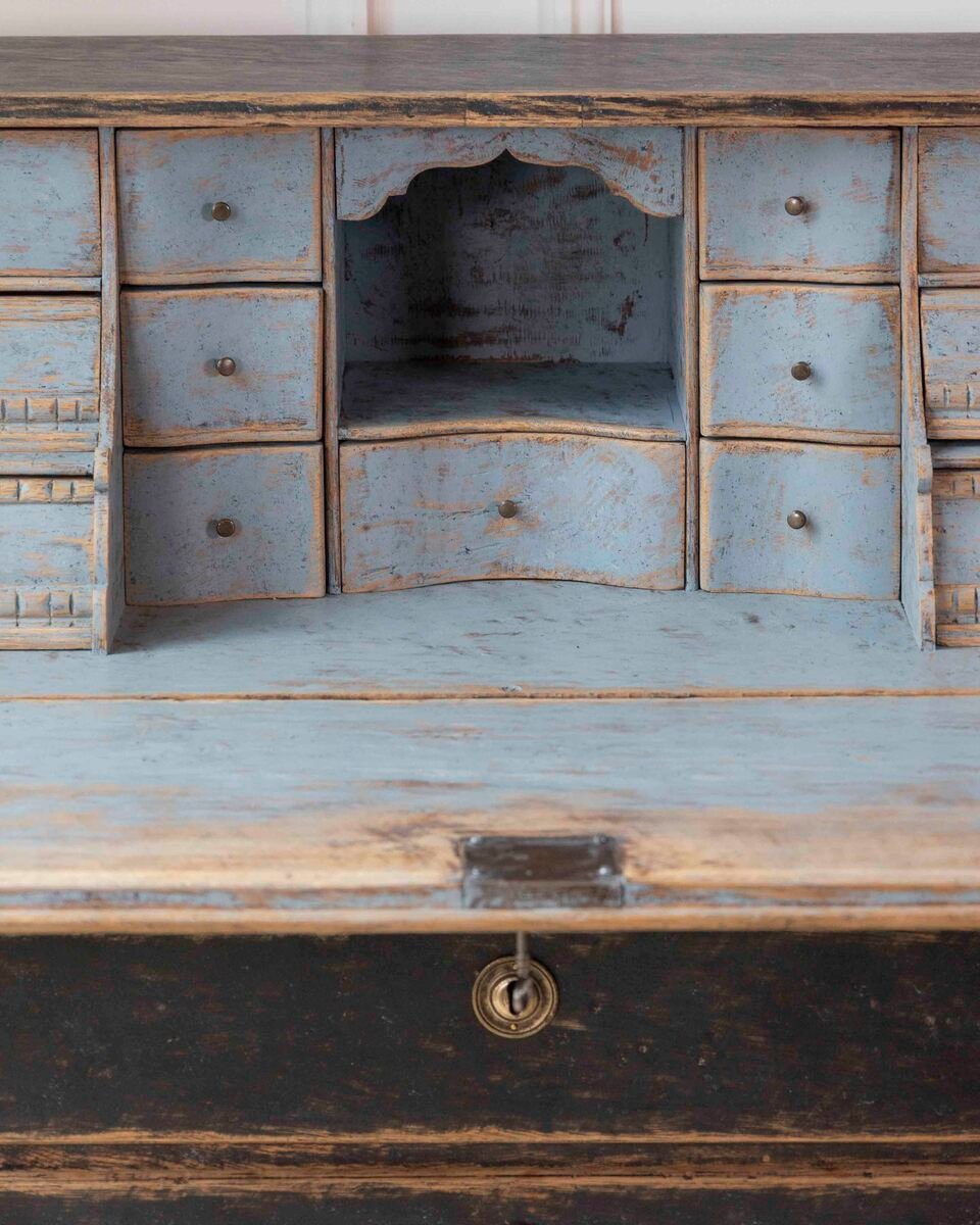 Swedish Gustavian Period Black-Painted Slant Front Desk with Blue Interior - JAA