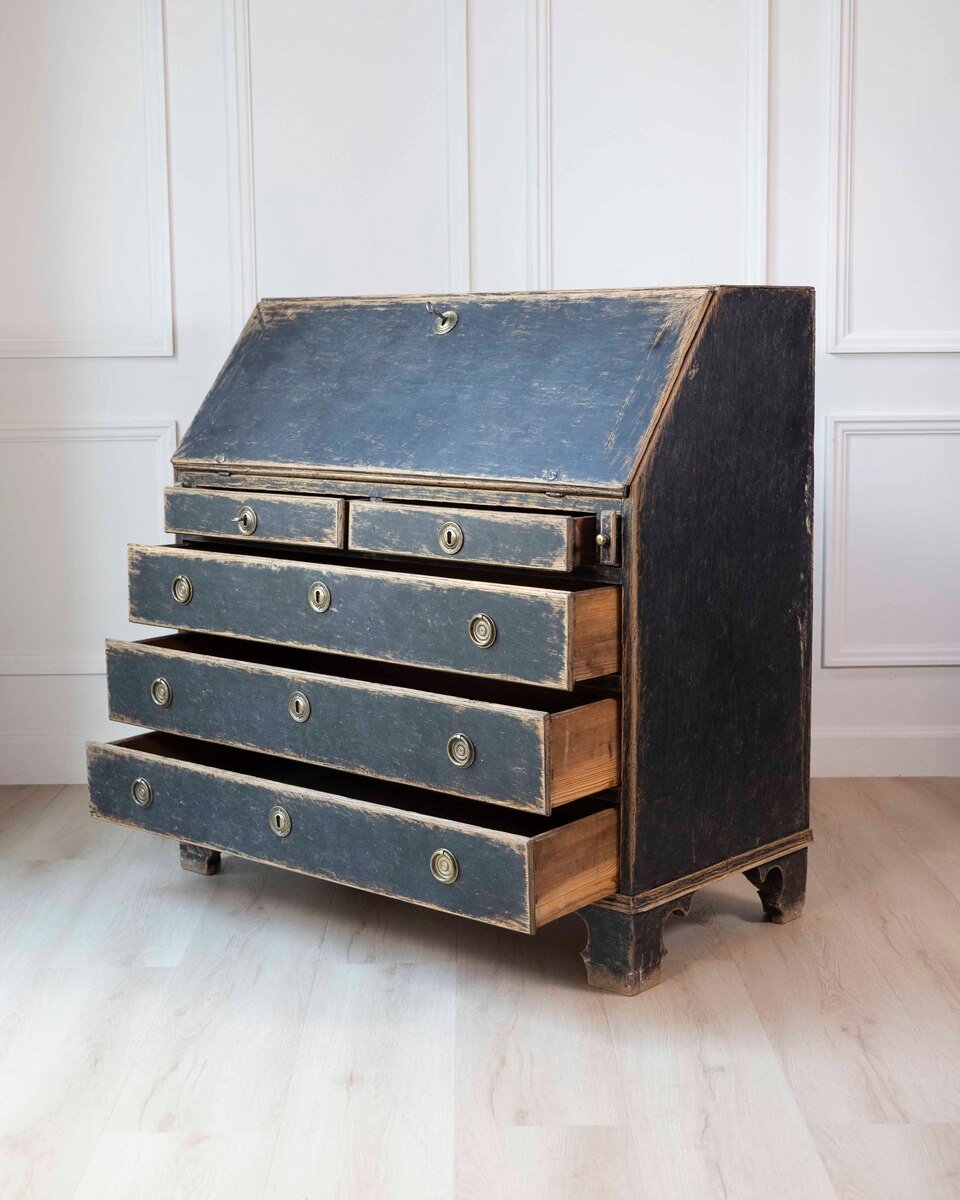 Swedish Gustavian Period Black-Painted Slant Front Desk with Blue Interior - JAA