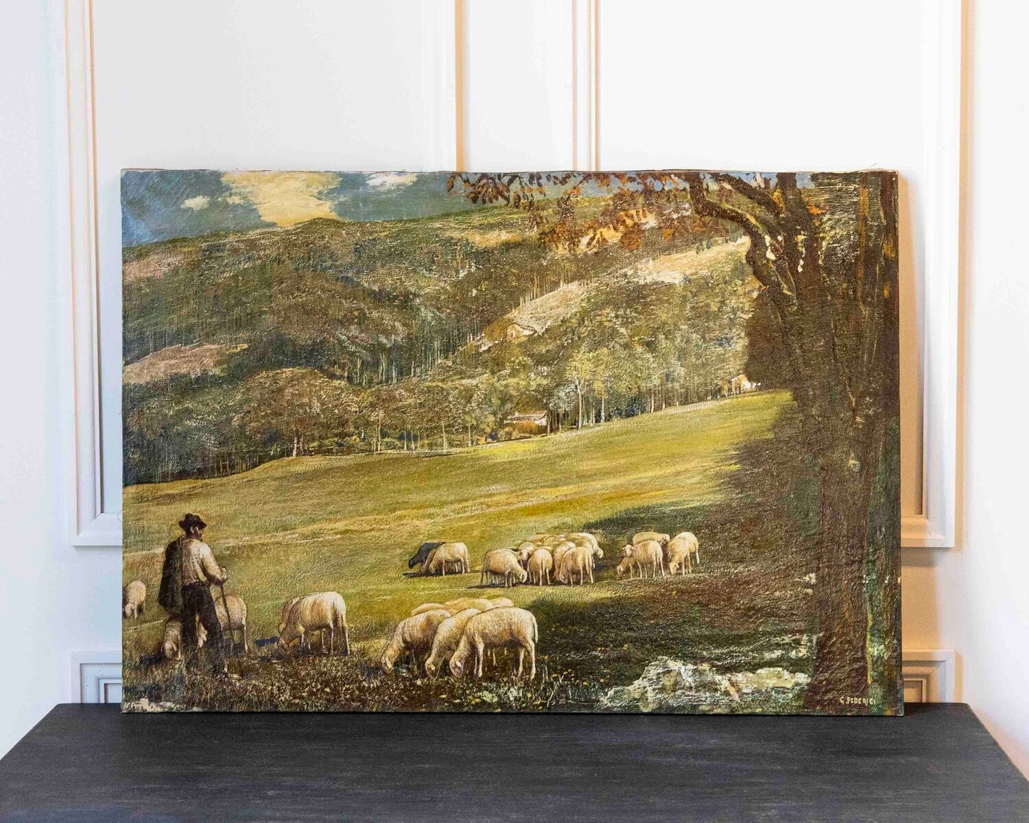 Gino Federici, “shepherd With Flock,” Oil On Canvas, Signed, 20th Century Era - JAA