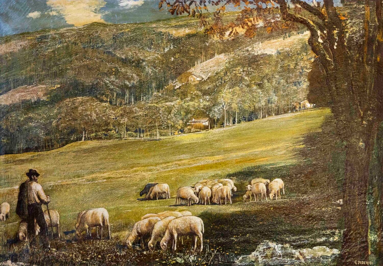 Gino Federici, “shepherd With Flock,” Oil On Canvas, Signed, 20th Century Era - JAA