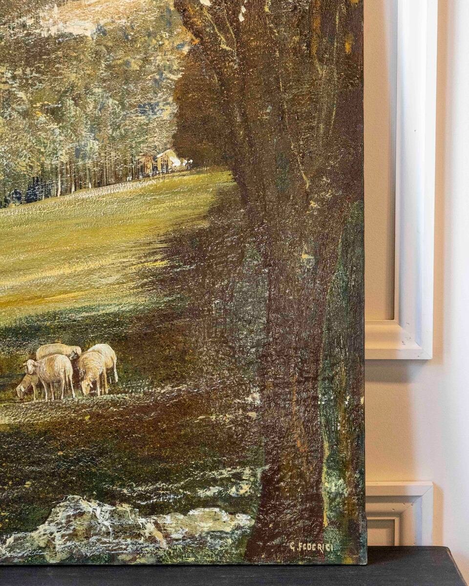 Gino Federici, “shepherd With Flock,” Oil On Canvas, Signed, 20th Century Era - JAA