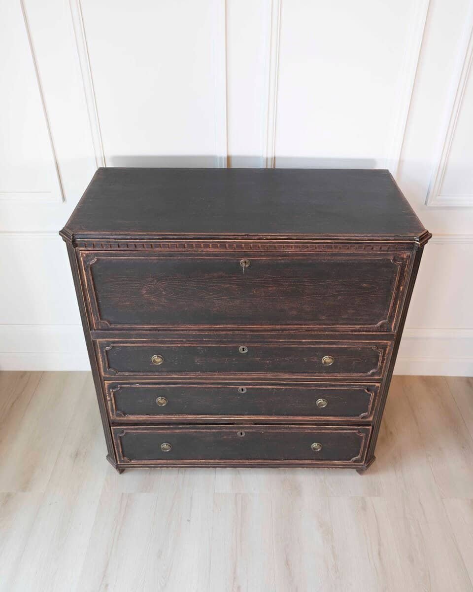19th Century Swedish Bureau Secretary in Original Black Paint - JAA