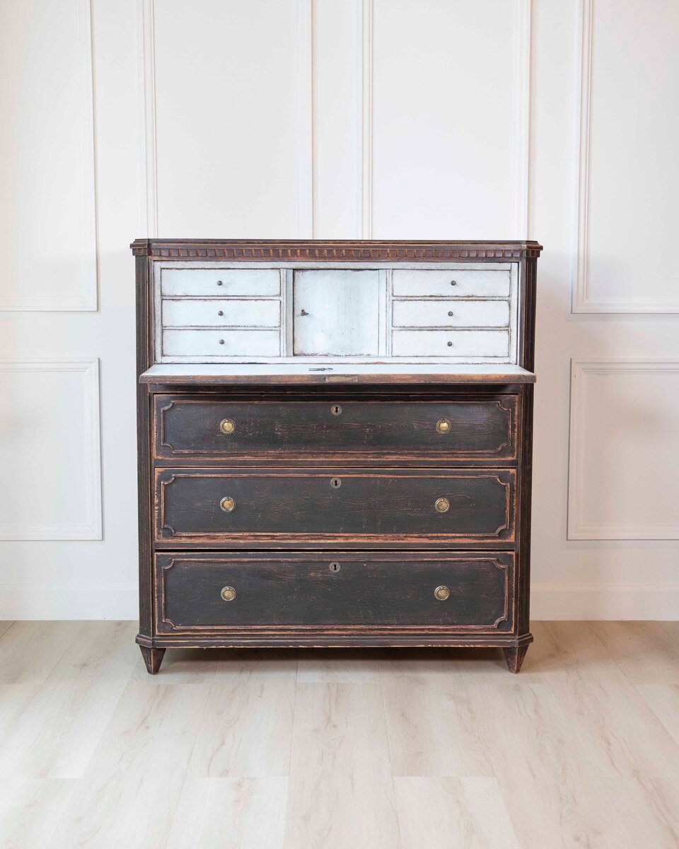 19th Century Swedish Bureau Secretary in Original Black Paint - JAA