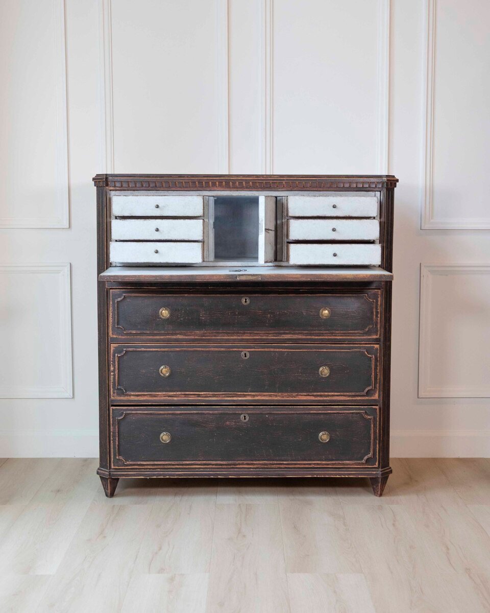 19th Century Swedish Bureau Secretary in Original Black Paint - JAA
