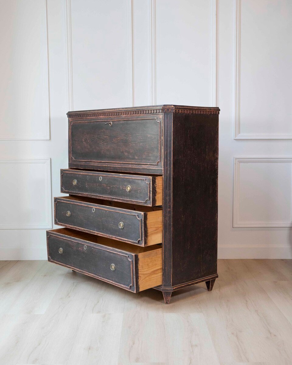 19th Century Swedish Bureau Secretary in Original Black Paint - JAA