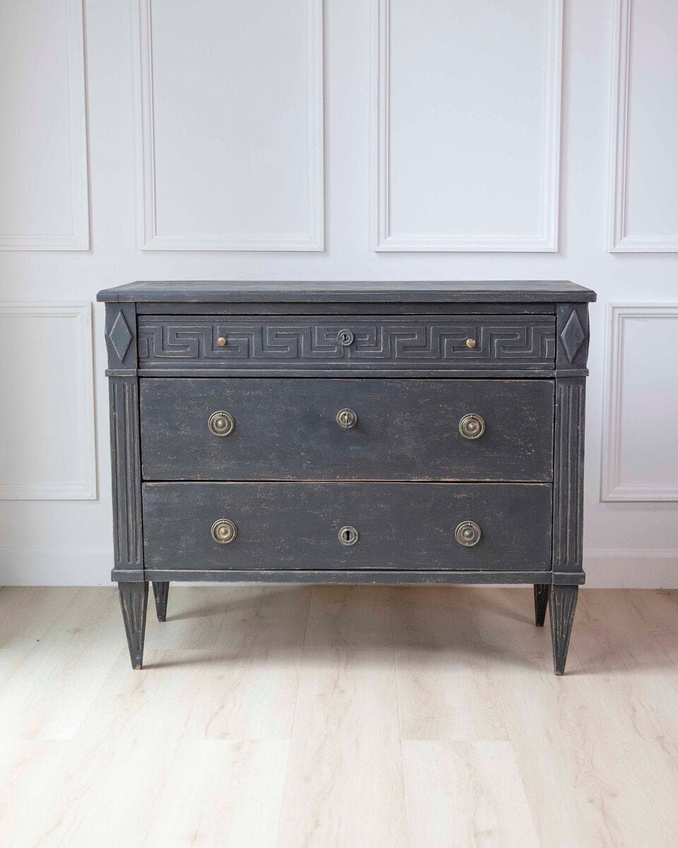 Swedish Gustavian-Inspired Chest of Drawers with Greek Key Frieze - JAA