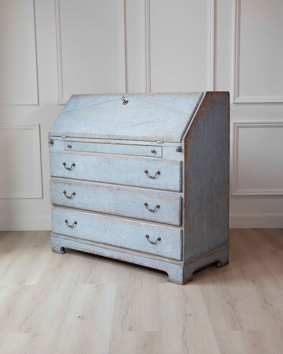 19th-Century Swedish Painted Secretary in Blue with White Highlights, circa 1830–1850 - JAA