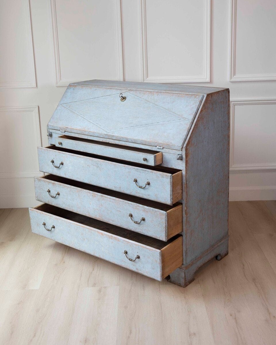 19th-Century Swedish Painted Secretary in Blue with White Highlights, circa 1830–1850 - JAA