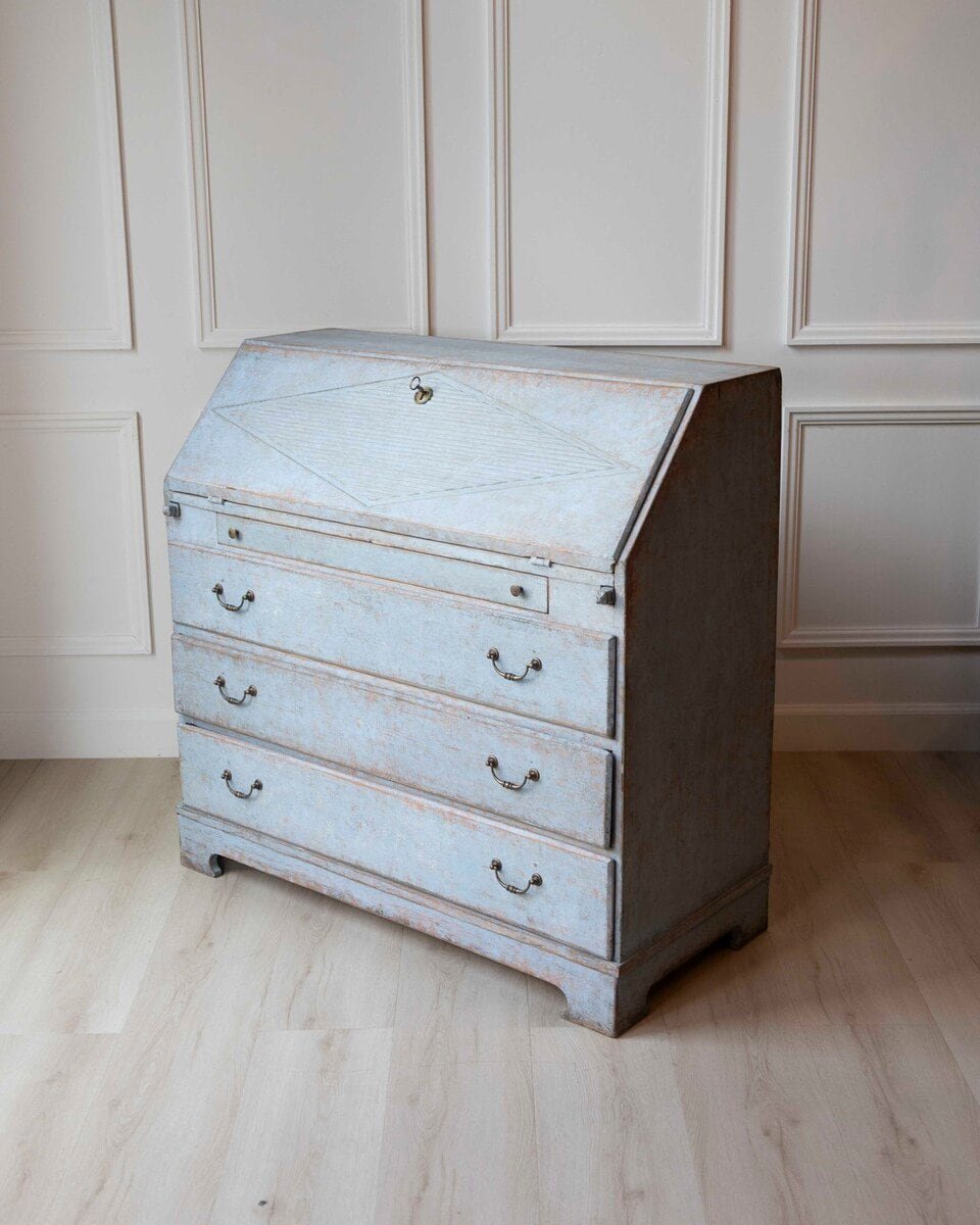 19th-Century Swedish Painted Secretary in Blue with White Highlights, circa 1830–1850 - JAA