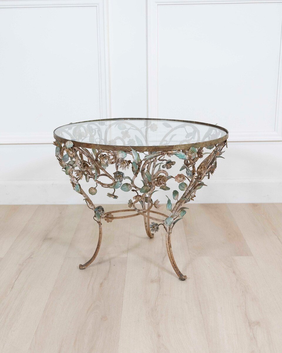Wrought Iron And Polychrome Sheet Metal Coffee Table, 20th Century - JAA