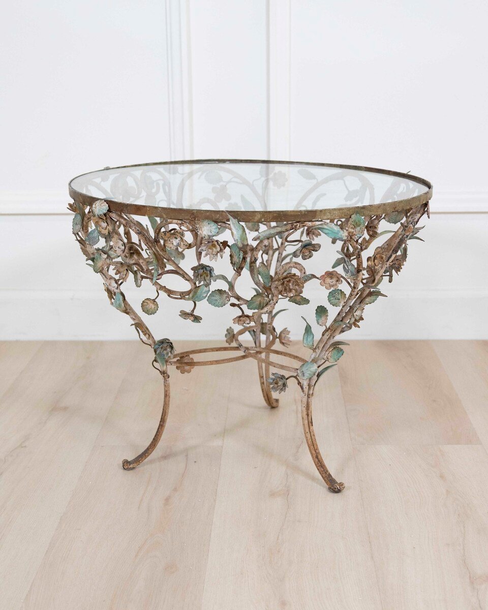 Wrought Iron And Polychrome Sheet Metal Coffee Table, 20th Century - JAA