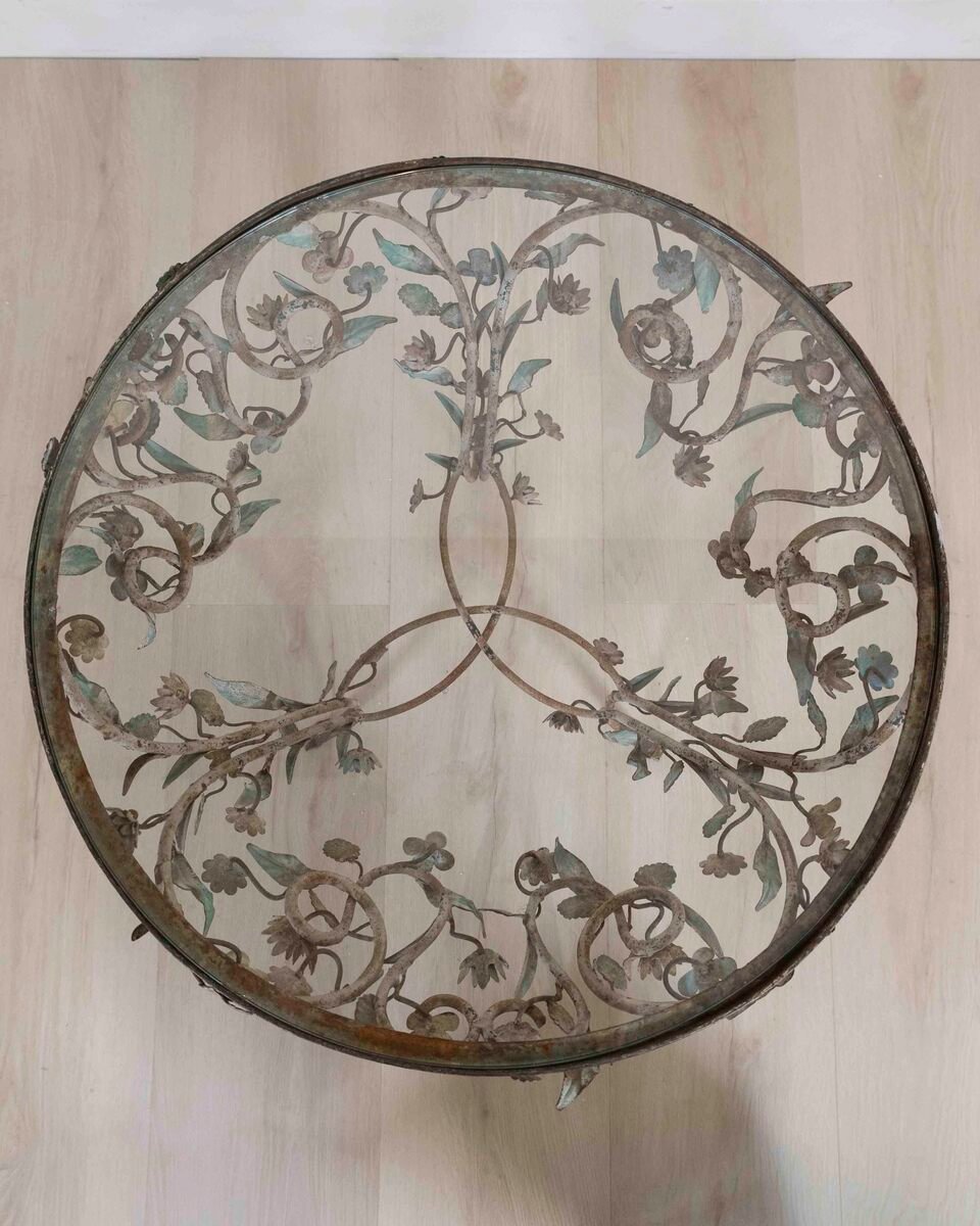 Wrought Iron And Polychrome Sheet Metal Coffee Table, 20th Century - JAA