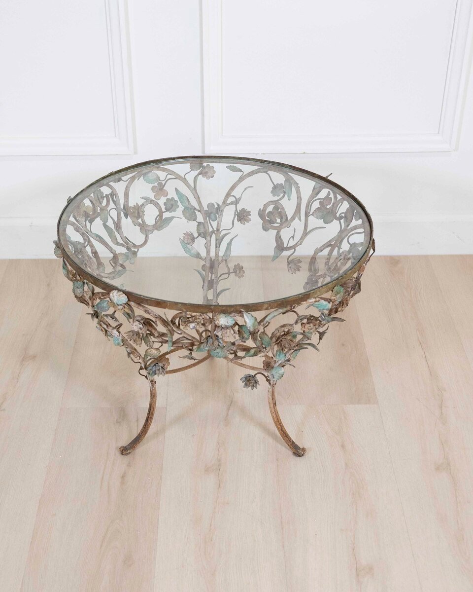 Wrought Iron And Polychrome Sheet Metal Coffee Table, 20th Century - JAA