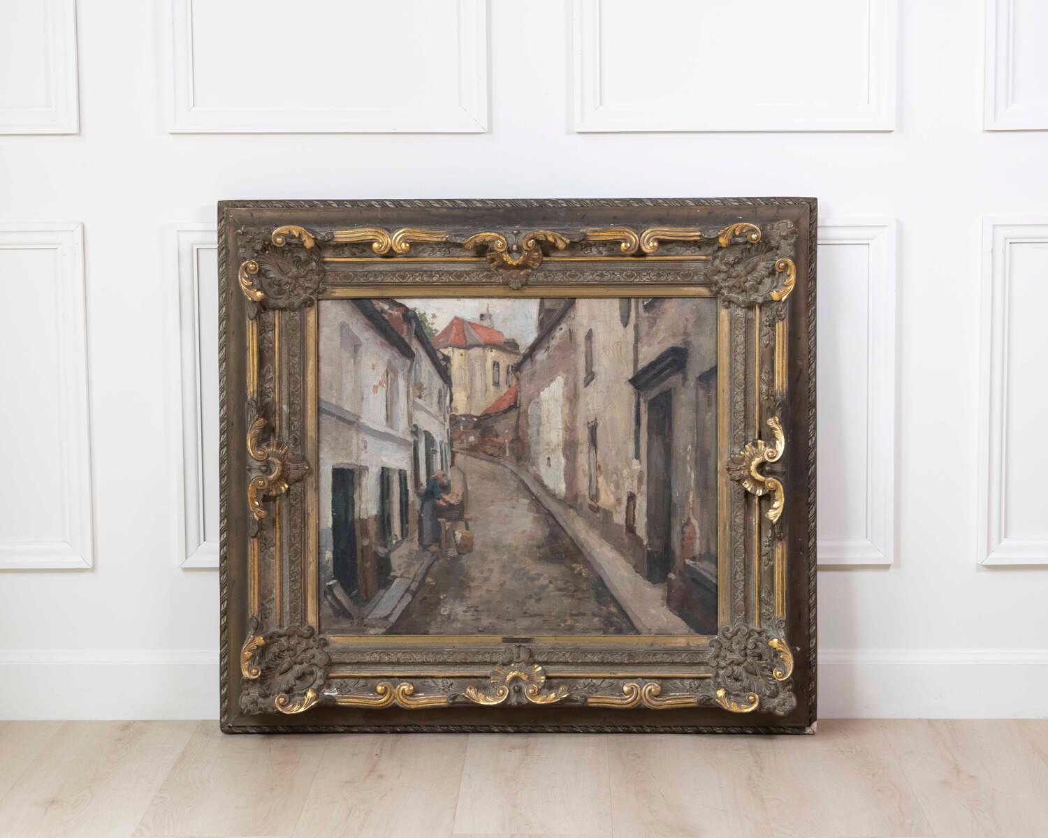 European Old Town Street Scene with Figure, Oil Painting in Ornate Gilt Frame - JAA