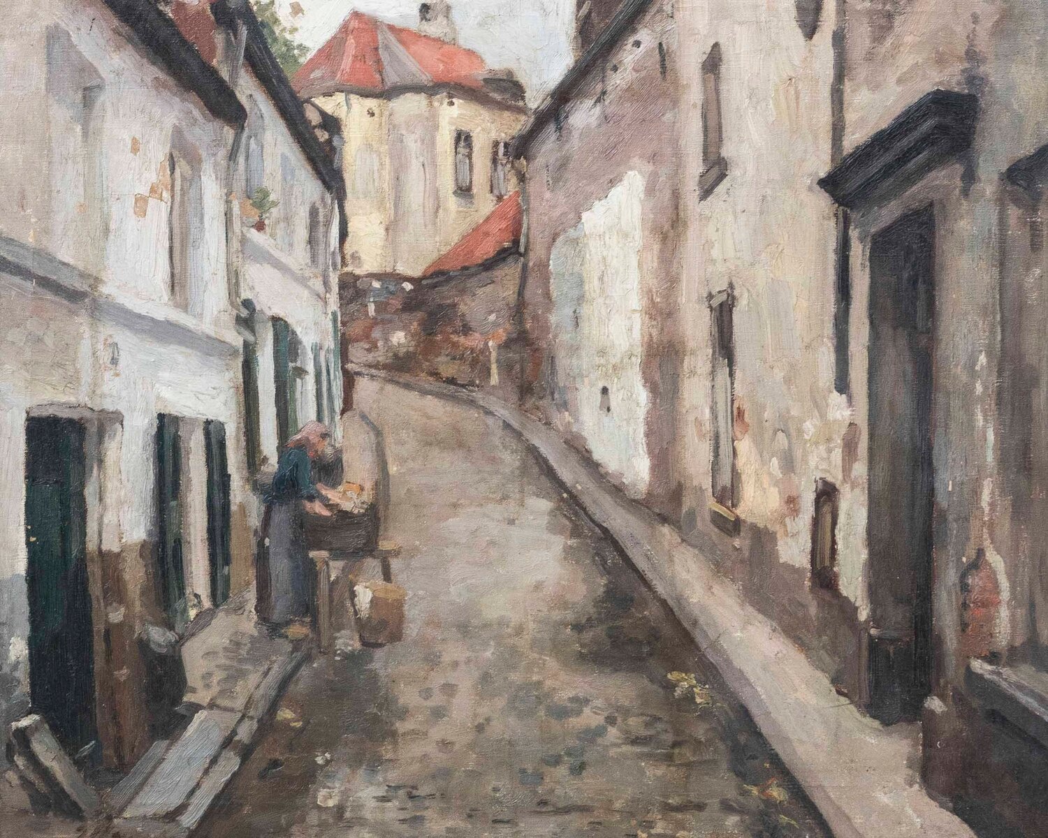 European Old Town Street Scene with Figure, Oil Painting in Ornate Gilt Frame - JAA