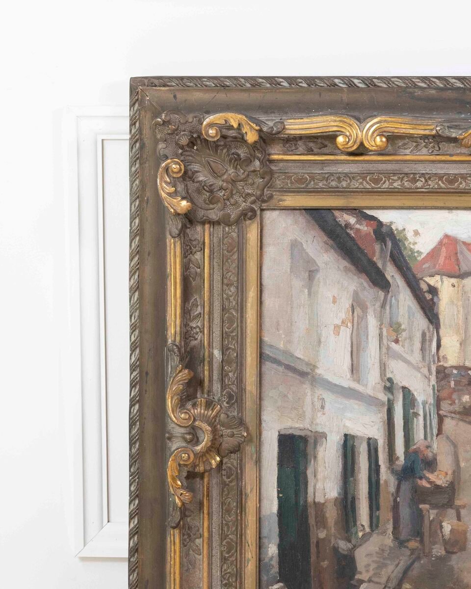 European Old Town Street Scene with Figure, Oil Painting in Ornate Gilt Frame - JAA