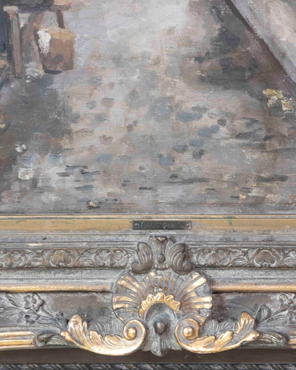 European Old Town Street Scene with Figure, Oil Painting in Ornate Gilt Frame - JAA