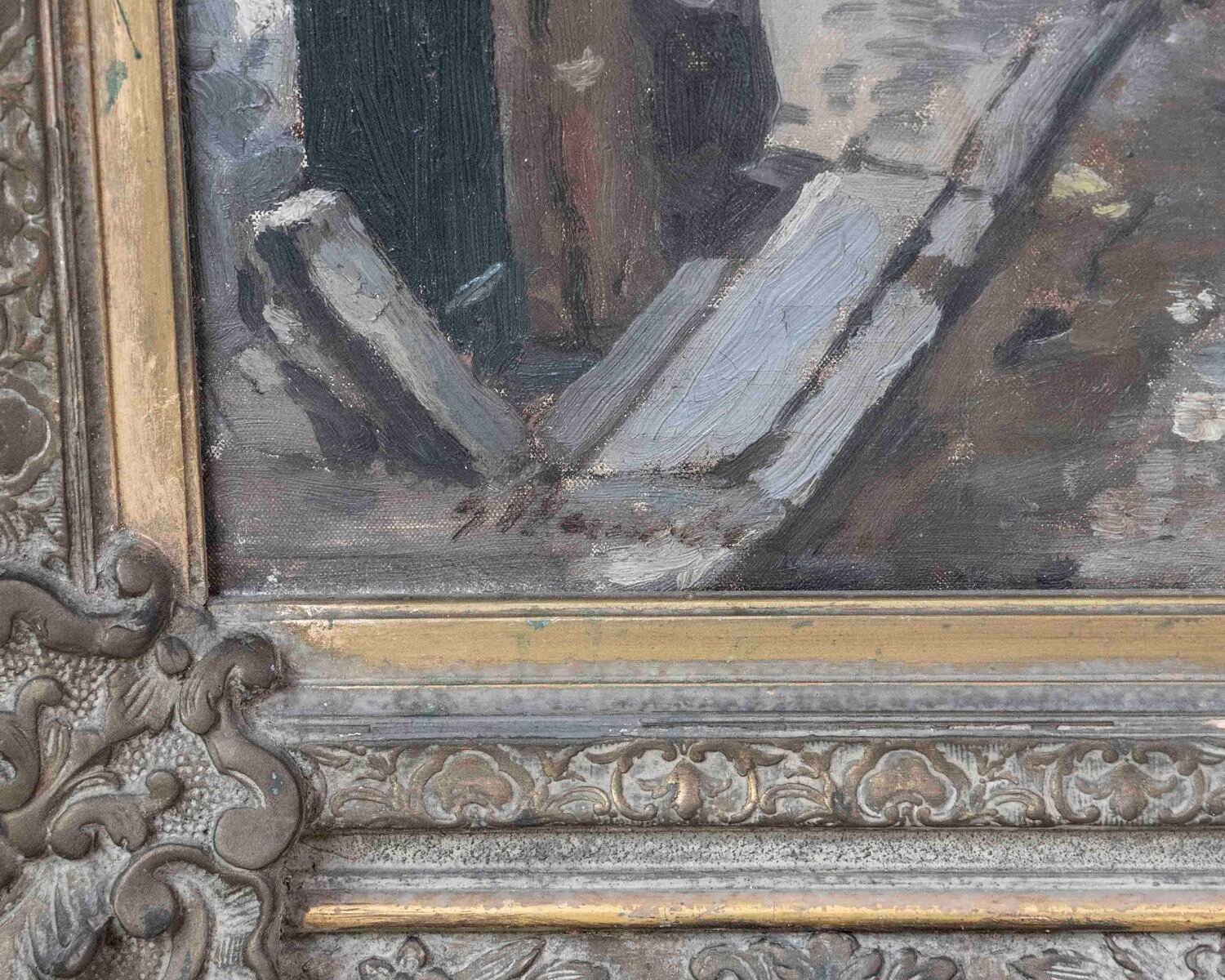 European Old Town Street Scene with Figure, Oil Painting in Ornate Gilt Frame - JAA