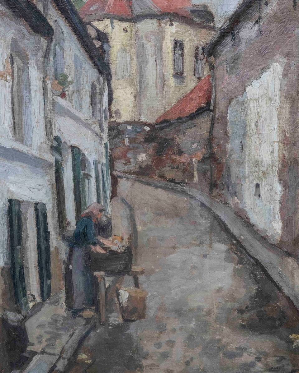 European Old Town Street Scene with Figure, Oil Painting in Ornate Gilt Frame - JAA