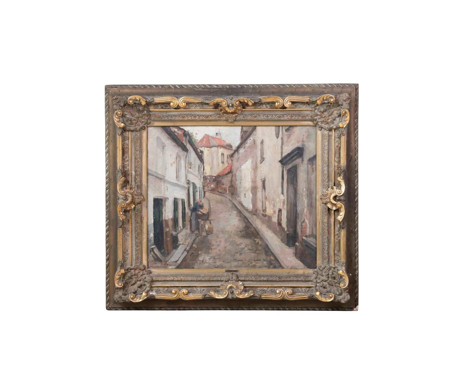 European Old Town Street Scene with Figure, Oil Painting in Ornate Gilt Frame