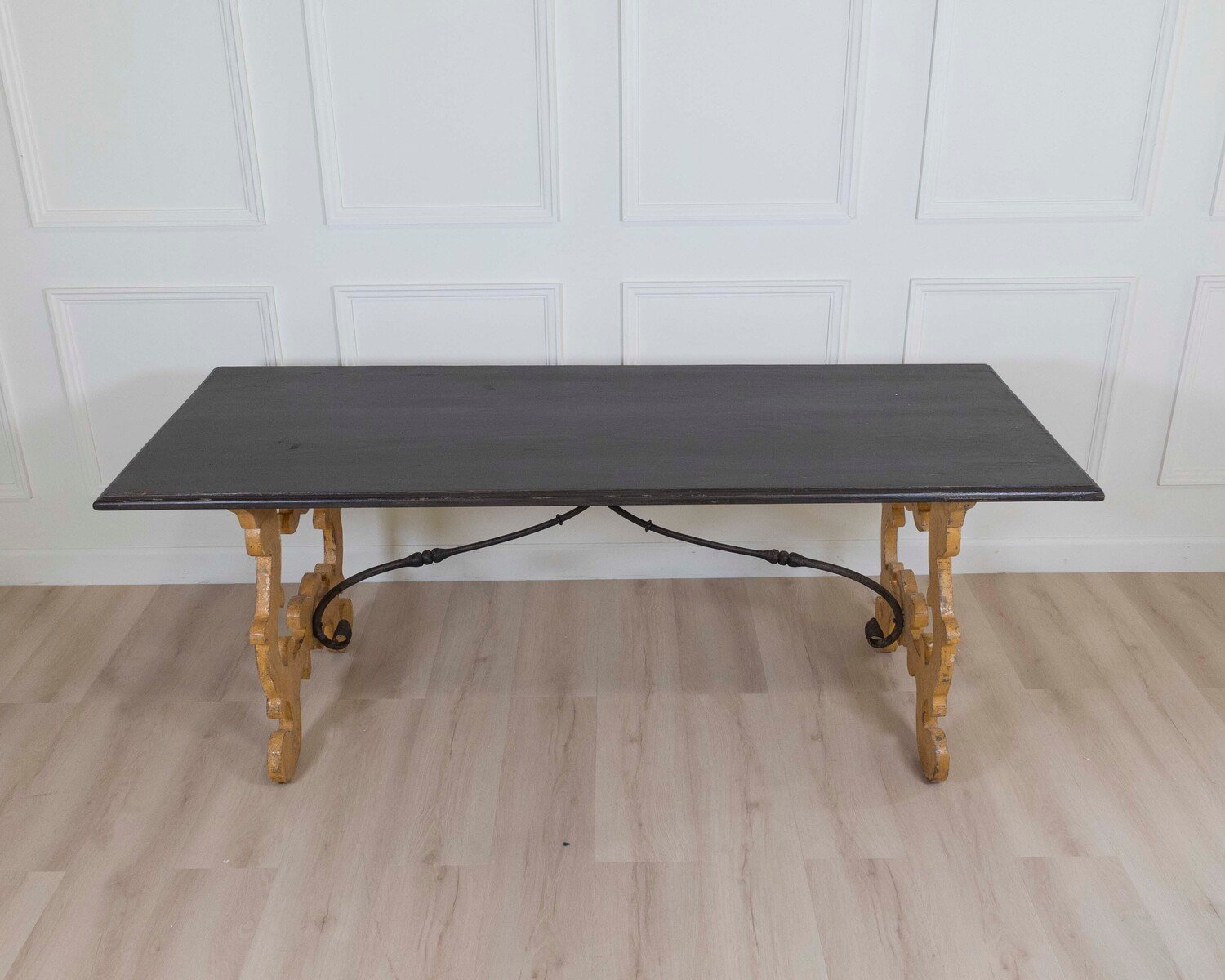 Large Italian Lacquered Lyre Table in Siena Yellow and Dark Brown - JAA