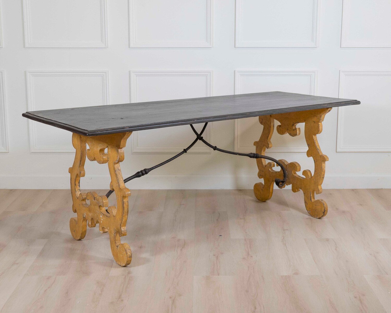 Large Italian Lacquered Lyre Table in Siena Yellow and Dark Brown - JAA