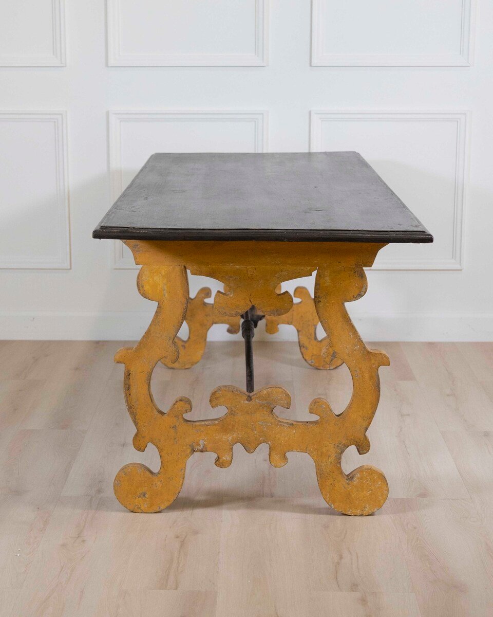 Large Italian Lacquered Lyre Table in Siena Yellow and Dark Brown - JAA