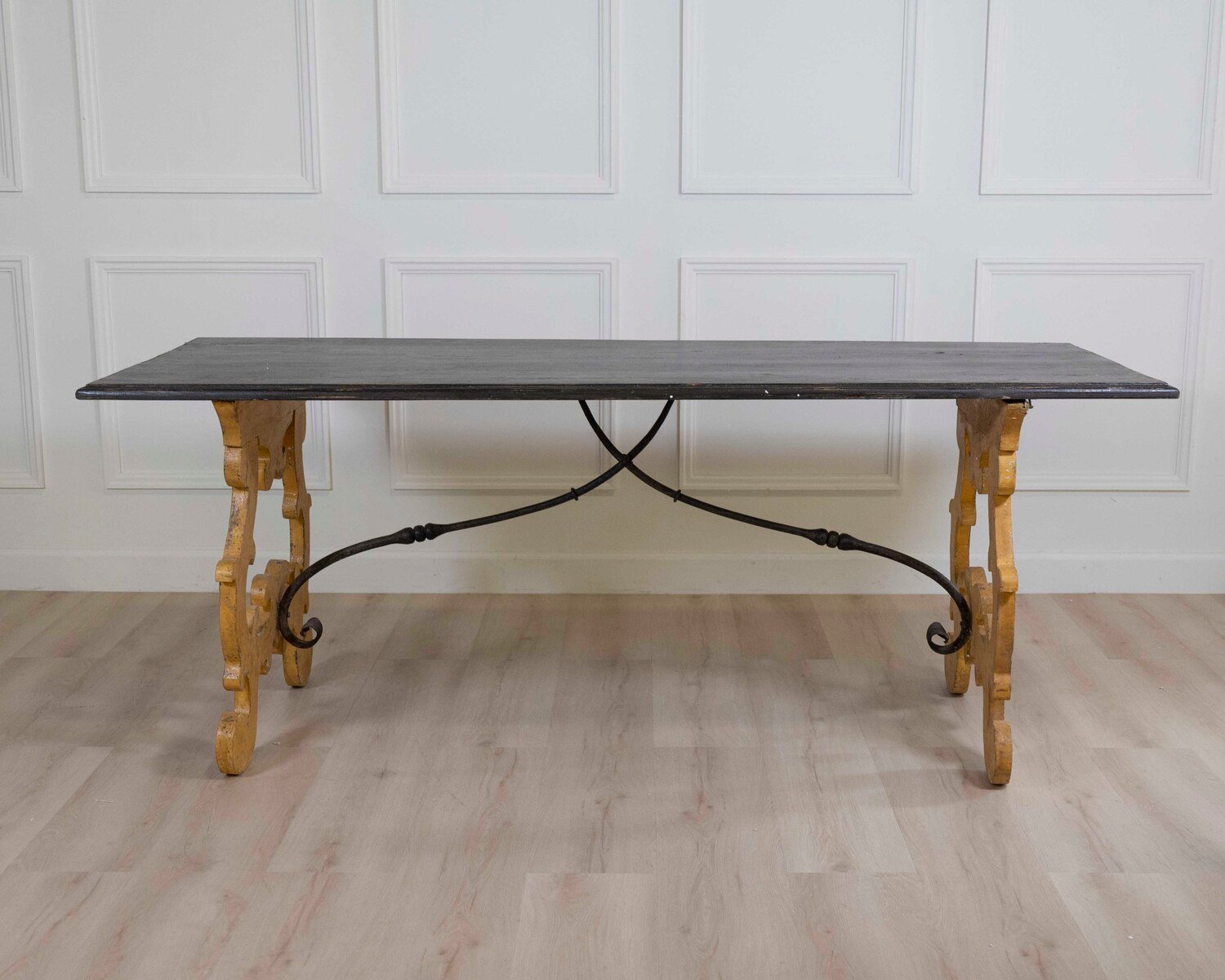 Large Italian Lacquered Lyre Table in Siena Yellow and Dark Brown - JAA
