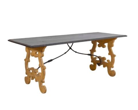 Large Italian Lacquered Lyre Table in Siena Yellow and Dark Brown