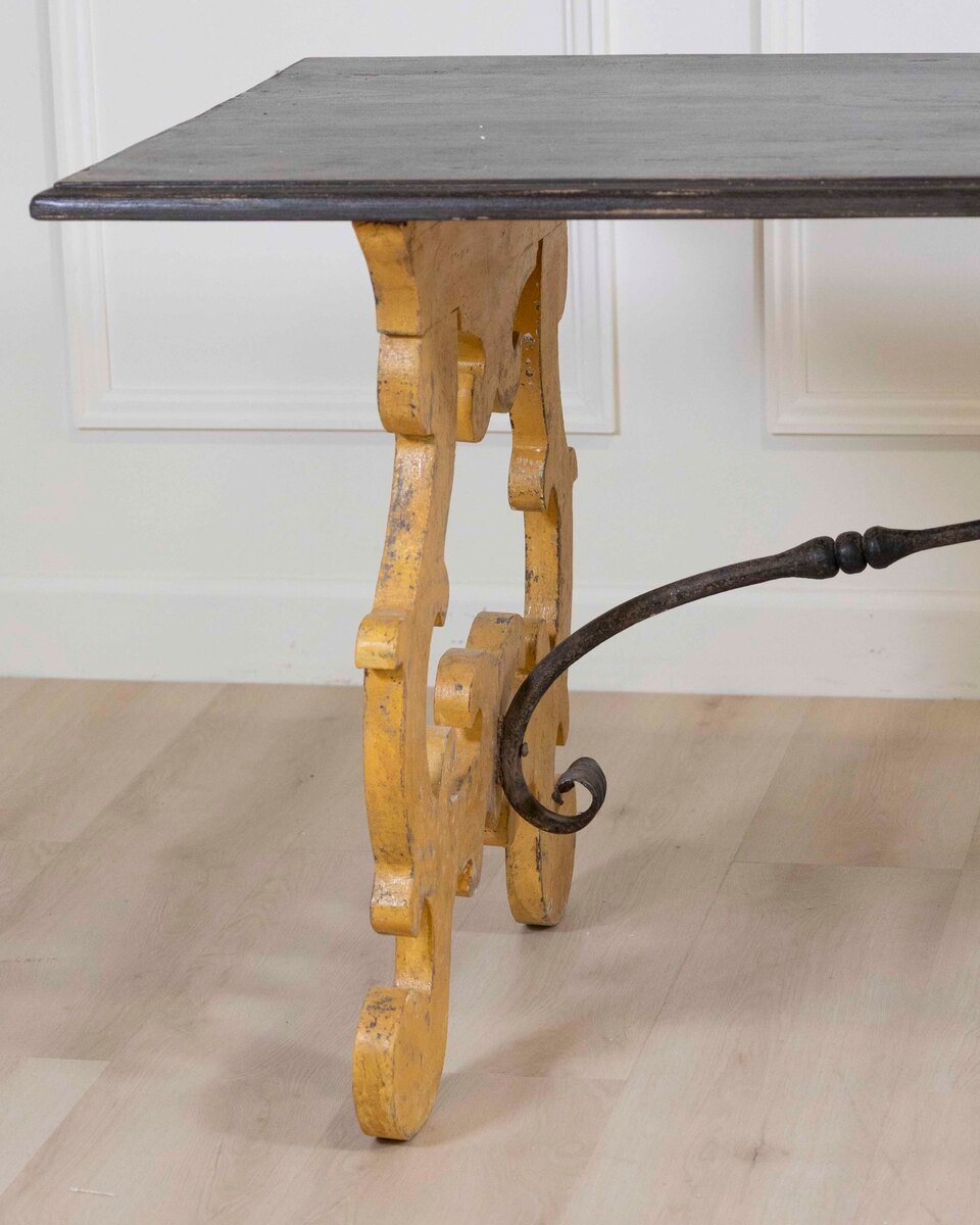 Large Italian Lacquered Lyre Table in Siena Yellow and Dark Brown - JAA
