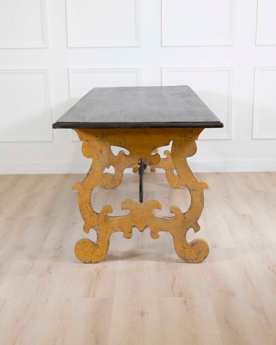 Large Italian Lacquered Lyre Table in Siena Yellow and Dark Brown - JAA