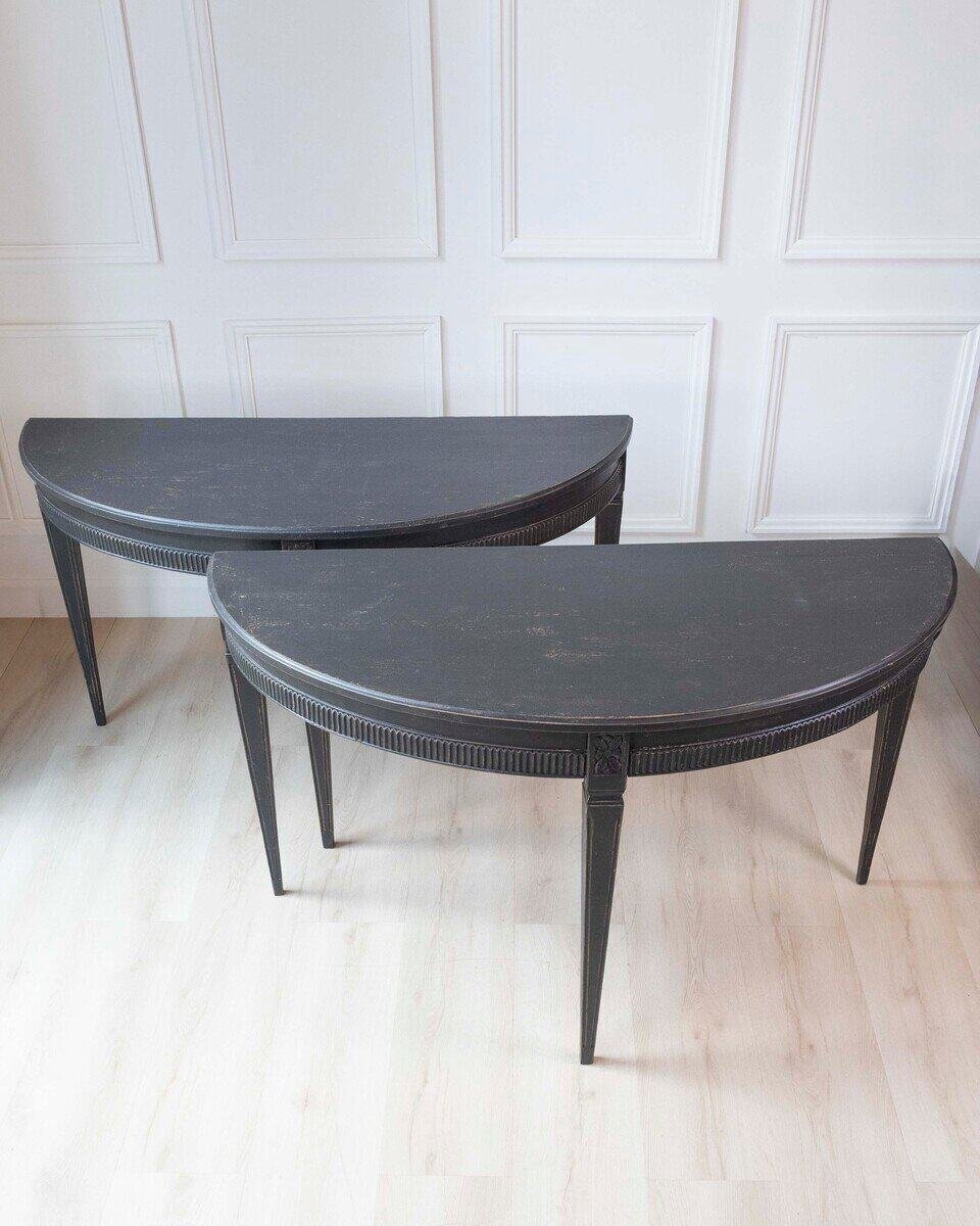 Pair of Swedish Early 19th Century Demi-Lune Consoles in Black Paint - JAA