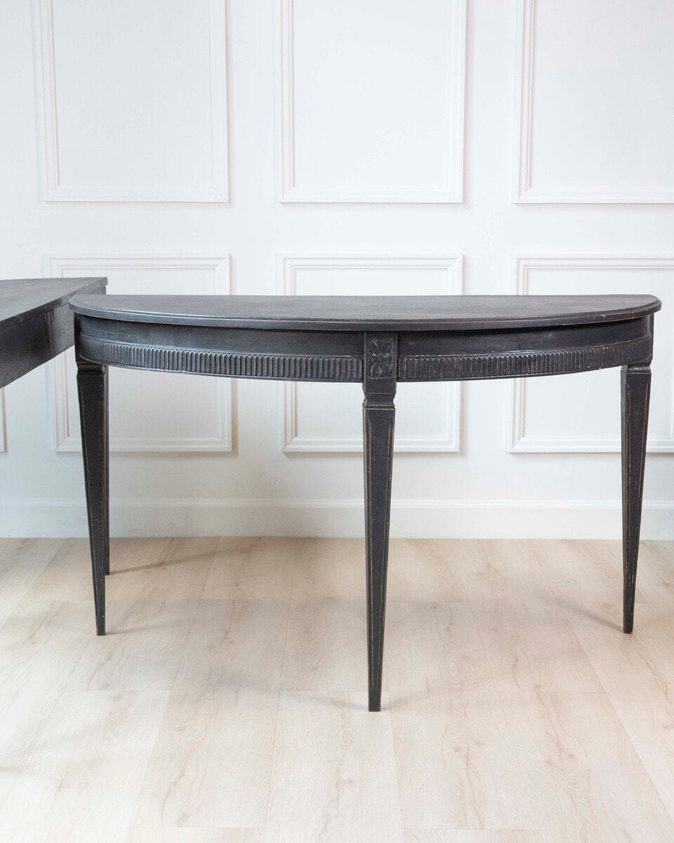 Pair of Swedish Early 19th Century Demi-Lune Consoles in Black Paint - JAA