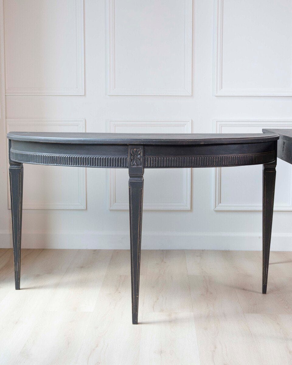 Pair of Swedish Early 19th Century Demi-Lune Consoles in Black Paint - JAA