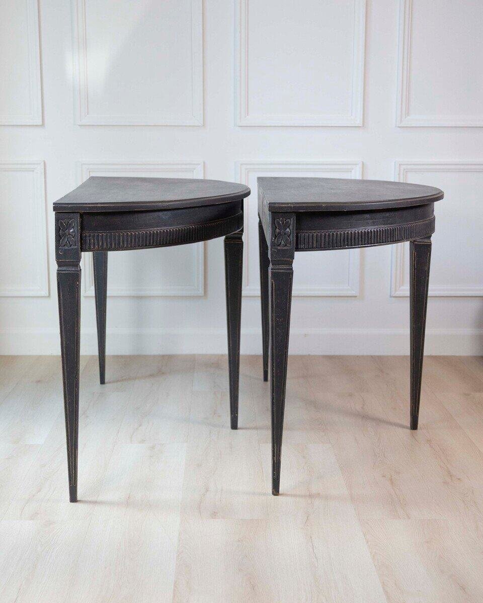 Pair of Swedish Early 19th Century Demi-Lune Consoles in Black Paint - JAA
