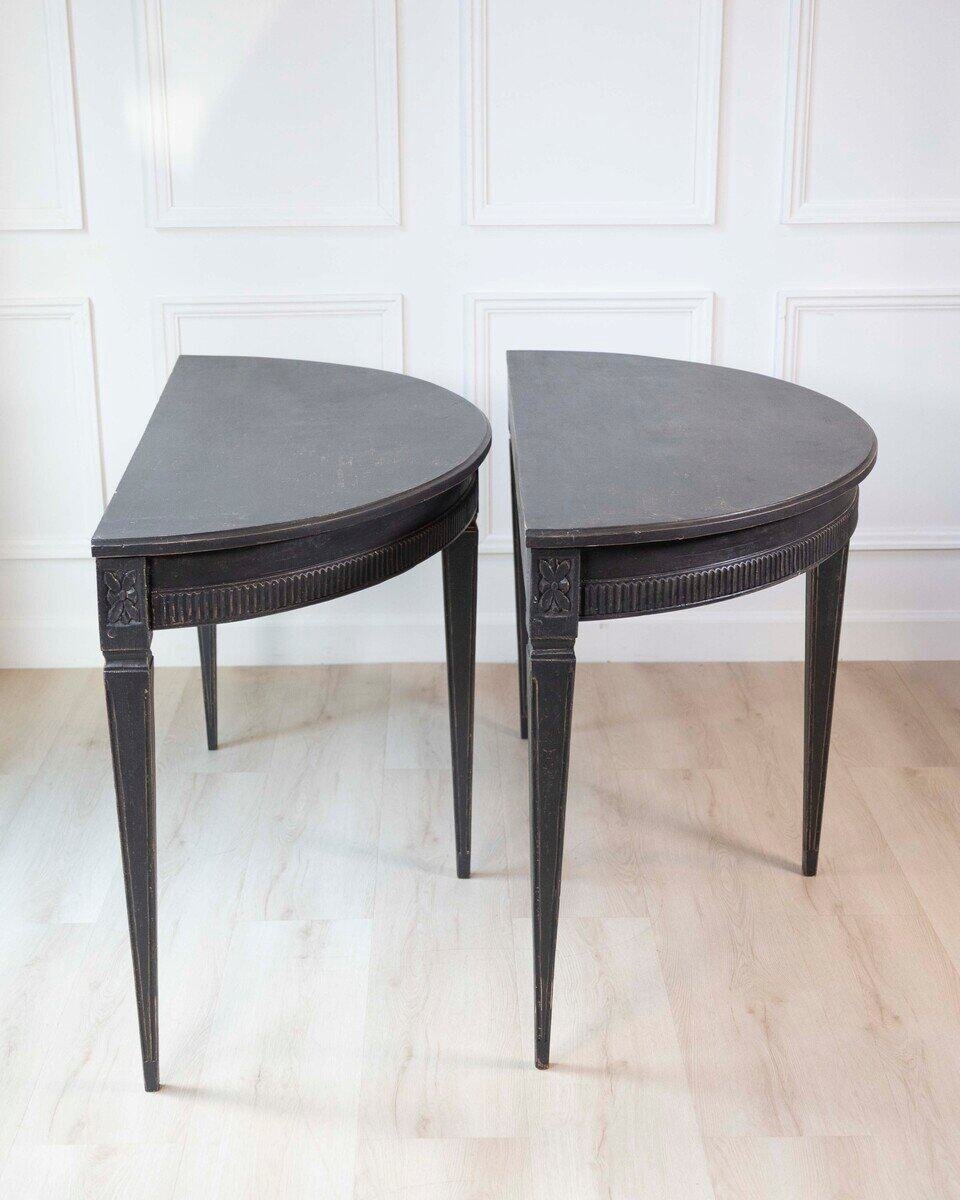 Pair of Swedish Early 19th Century Demi-Lune Consoles in Black Paint - JAA