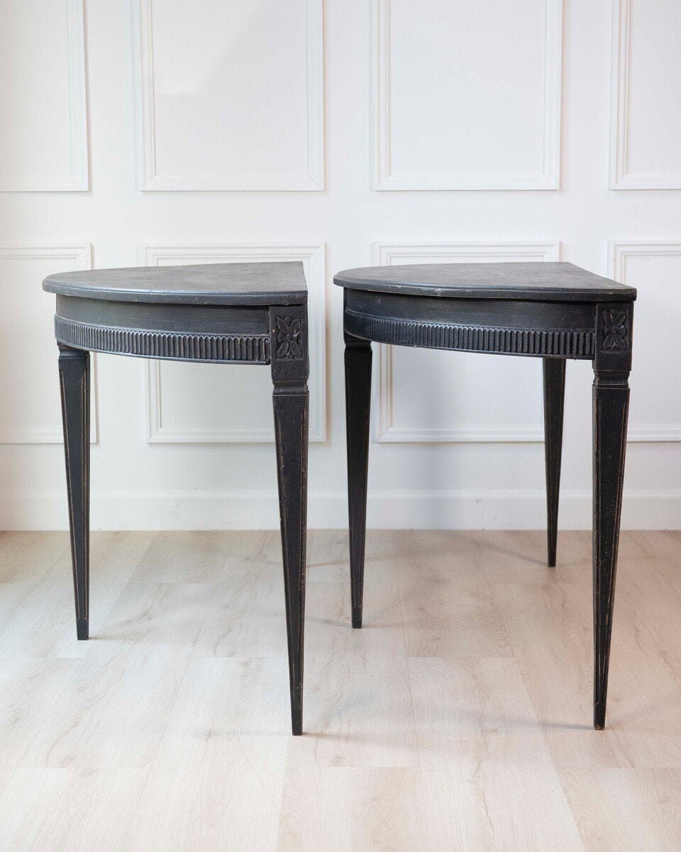 Pair of Swedish Early 19th Century Demi-Lune Consoles in Black Paint - JAA