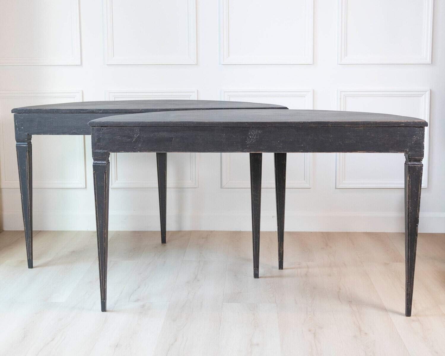 Pair of Swedish Early 19th Century Demi-Lune Consoles in Black Paint - JAA