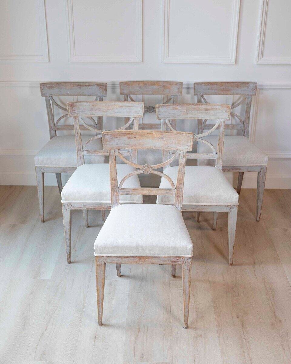 ON HOLD - Set of Six Swedish Neoclassical Dining Chairs with Curule Backrests, 19th Century - JAA