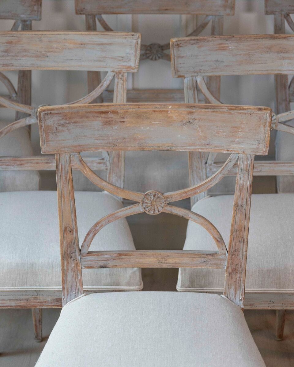 ON HOLD - Set of Six Swedish Neoclassical Dining Chairs with Curule Backrests, 19th Century - JAA