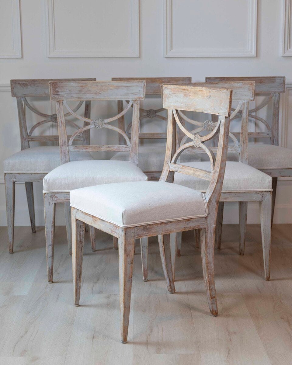 ON HOLD - Set of Six Swedish Neoclassical Dining Chairs with Curule Backrests, 19th Century - JAA