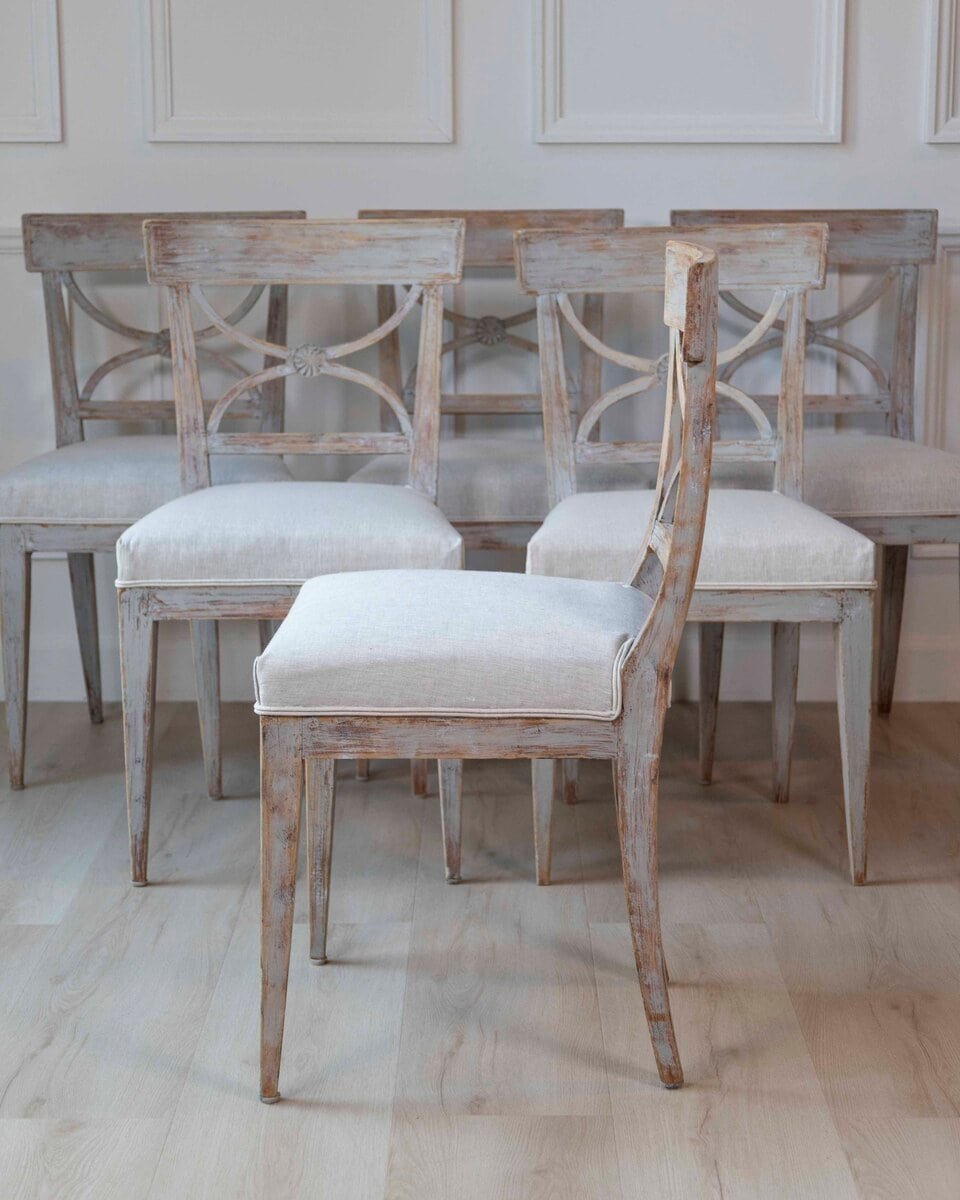ON HOLD - Set of Six Swedish Neoclassical Dining Chairs with Curule Backrests, 19th Century - JAA