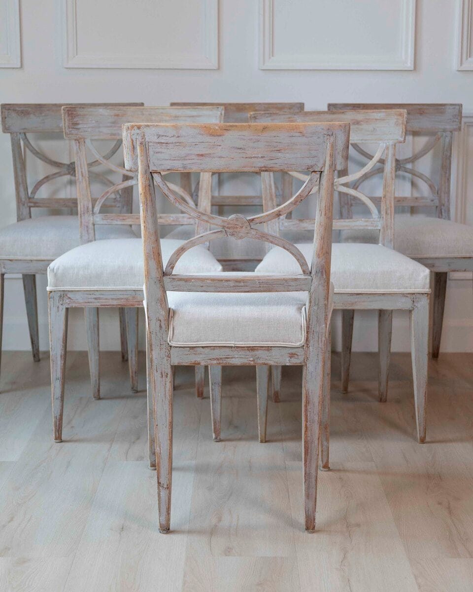 ON HOLD - Set of Six Swedish Neoclassical Dining Chairs with Curule Backrests, 19th Century - JAA