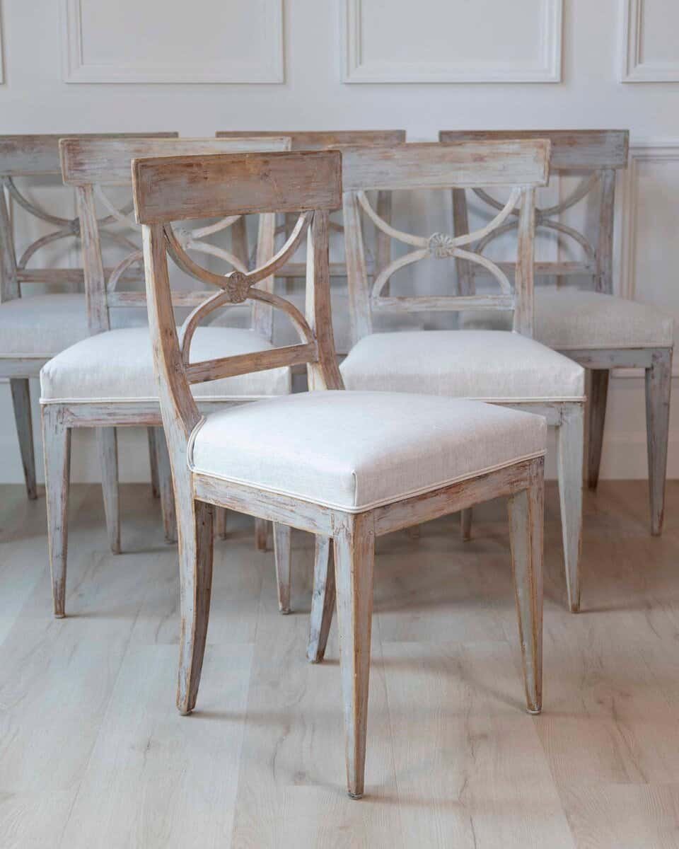 ON HOLD - Set of Six Swedish Neoclassical Dining Chairs with Curule Backrests, 19th Century - JAA